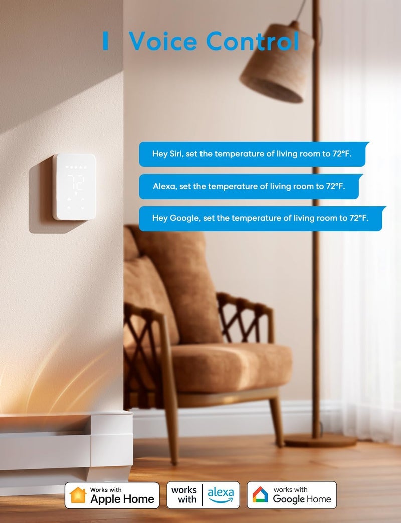 meross ترموستات ذكي للسخانات الكهربائية المثبتة على الحائط والسخانات الداخلية يعمل مع HomeKit وAlexa وGoogle Home، ترموستات قابل للبرمجة Wi-Fi بجهد 120V-240V مع تركيب سهل، موفر للطاقة، يحتاج إلى 4 أسلاك - Image 4